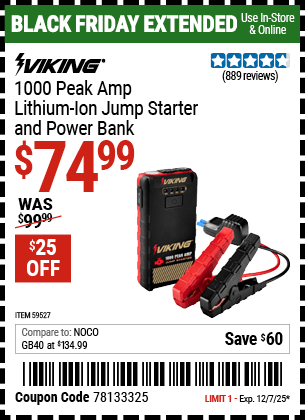 Harbor Freight Coupons, HF Coupons, 20% off - VIKING 1000 Peak Amp Midsize Lithium-Ion Jump Starter and Power Bank for $79.99