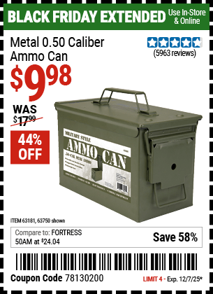 Harbor Freight Coupons, HF Coupons, 20% off - .50 Cal Metal Ammo Can