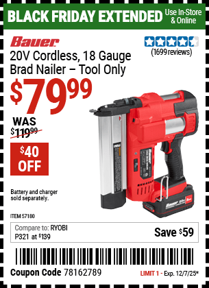 Harbor Freight Coupons, HF Coupons, 20% off - BAUER 20v Cordless 18 Gauge Brad Nailer for $79.99