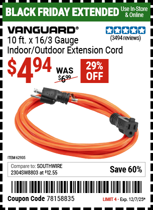 Harbor Freight Coupons, HF Coupons, 20% off - 10ft.x16 Gauge Indoor/outdoor Extension Cord