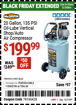 Harbor Freight Coupons, HF Coupons, 20% off - 20 Gallon 1.6 How 135 Psi Oil Lube Vertical Air Compressor