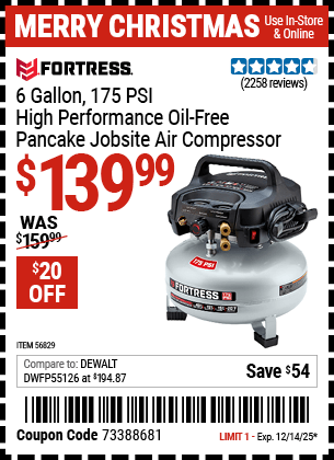 Harbor Freight Coupons, HF Coupons, 20% off - FORTRESS 6 Gallon 175 PSI High Performance Hand Carry Jobsite Air Compressor for $119.99