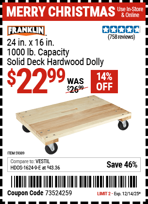 Harbor Freight Coupons, HF Coupons, 20% off - FRANKLIN 24 in. x 16 in. 1000 lb. Capacity Solid Deck Hardwood Dolly 