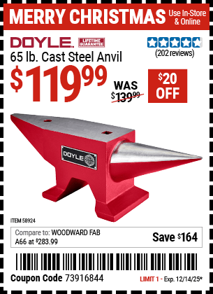 Harbor Freight Coupons, HF Coupons, 20% off - DOYLE 65 lb. Cast Steel Anvil for $139.99