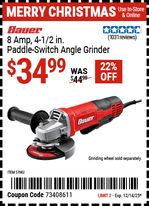Harbor Freight Coupons, HF Coupons, 20% off - 8 Amp 4-1/2 in. Paddle Switch Angle Grinder