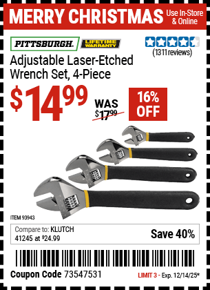 Harbor Freight Coupons, HF Coupons, 20% off - 4 Piece Laser Etched Adjustable Wrench Set