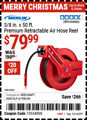 Harbor Freight Coupons, HF Coupons, 20% off - 3/8 in. x 50 ft. Premium Retractable Air Hose Reel