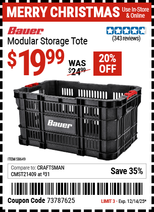 Harbor Freight Coupons, HF Coupons, 20% off - BAUER Modular Storage Tote for $19.99