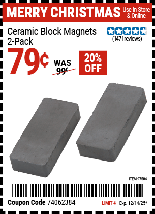 Harbor Freight Coupons, HF Coupons, 20% off - CEARAMIC BLOCK MAGNETS PACK OF 2