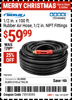 Harbor Freight Coupons, HF Coupons, 20% off - MERLIN 1/2 in. x 100 ft. Rubber Air Hose for $59.99