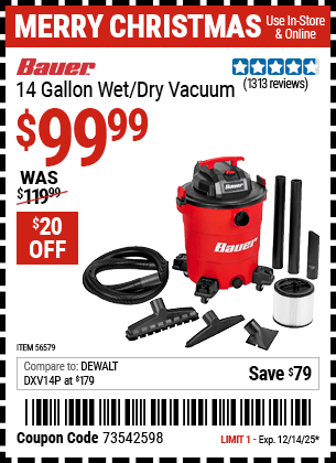 Harbor Freight Coupons, HF Coupons, 20% off - BAUER 14 Gallon Wet/Dry Vacuum for $89.99