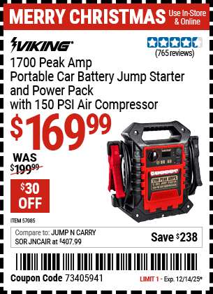 Harbor Freight Coupons, HF Coupons, 20% off - 1700 Peak Amp Portable Jump Starter and Power Pack with 250 PSI Air Compressor