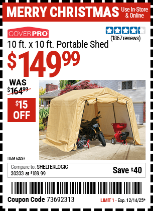 Harbor Freight Coupons, HF Coupons, 20% off - Coverpro 10 Ft. X 10 Ft. Portable Shed