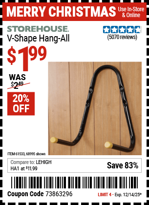 Harbor Freight Coupons, HF Coupons, 20% off - STOREHOUSE V-Shape Hang-All for $1.49