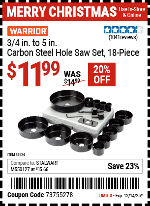 Harbor Freight Coupons, HF Coupons, 20% off - 3/4 in. - 5 in. Carbon Steel Hole Saw Set, 18 Pc.
