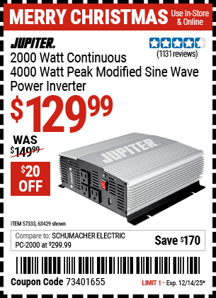 Harbor Freight Coupons, HF Coupons, 20% off - JUPITER 2000 Watt Continuous/4000 Watt Peak Modified Sine Wave Power Inverter 