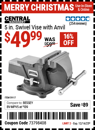 Harbor Freight Coupons, HF Coupons, 20% off - CENTRAL MACHINERY 5 in. Swivel Vise with Anvil for $49.99