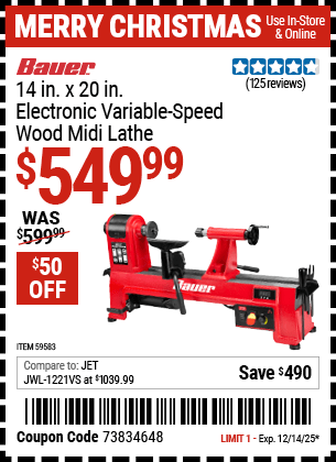 Harbor Freight Coupons, HF Coupons, 20% off - BAUER 14 in. x 20 in. Electronic Variable-Speed Wood Midi Lathe 