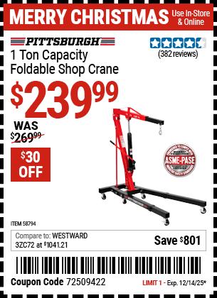 Harbor Freight Coupons, HF Coupons, 20% off - PITTSBURGH 1 Ton Capacity Foldable Shop Crane for $239.99