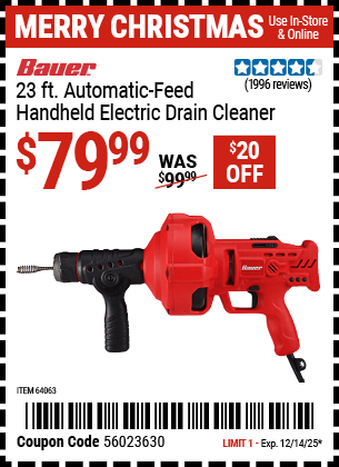 Harbor Freight Coupons, HF Coupons, 20% off - Bauer 23 Ft Auto Feed Handheld Electric Drain Cleaner