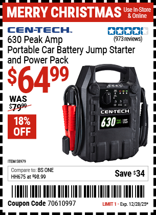 Harbor Freight Coupons, HF Coupons, 20% off - 630 Peak Amp Portable Jump Starter and Power Pack