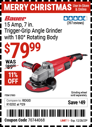 Harbor Freight Coupons, HF Coupons, 20% off - 15  Amp 7 in.  Trigger Grip Angle Grinder with 180� Rotating Body