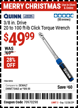 Harbor Freight Coupons, HF Coupons, 20% off - QUINN 3/8 in. Drive Click Type Torque Wrench for $49.99