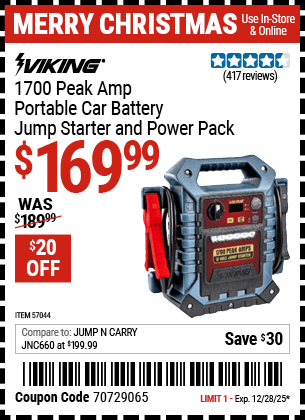 Harbor Freight Coupons, HF Coupons, 20% off - 1700 Peak Amp Portable Jump Starter and Power Pack