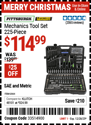 Harbor Freight Coupons, HF Coupons, 20% off - 225 Piece Mechanic's Tool Kit