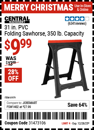Harbor Freight Coupons, HF Coupons, 20% off - 350 Lb. Capacity Folding Sawhorse