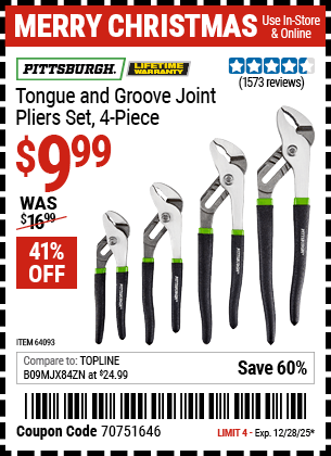Harbor Freight Coupons, HF Coupons, 20% off - 4 Piece Tongue And Groove Joint Pliers Set