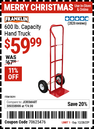 Harbor Freight Coupons, HF Coupons, 20% off - FRANKLIN 600 lb. Capacity Hand Truck for $54.99