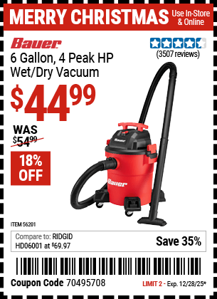 Harbor Freight Coupons, HF Coupons, 20% off - Bauer 6 Gallon Wet Dry Vacuum
