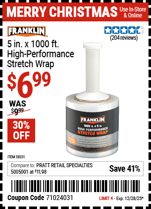 Harbor Freight Coupons, HF Coupons, 20% off - FRANKLIN 5 in. x 1000 ft. High Performance Stretch Wrap for $6.99