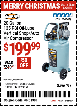 Harbor Freight Coupons, HF Coupons, 20% off - Mcgraw 20 Gallon, 135 Psi Oil-lube Air Compressor