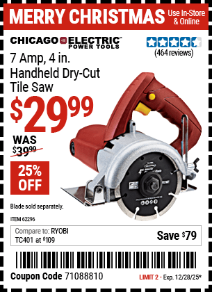 Harbor Freight Coupons, HF Coupons, 20% off - 4 In. Handheld Dry-cut Tile Saw