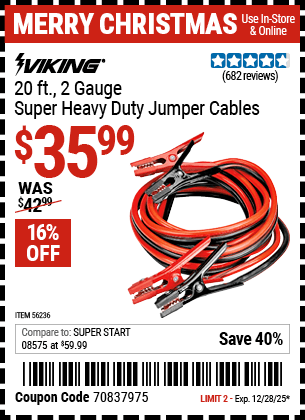 Harbor Freight Coupons, HF Coupons, 20% off - 20 Ft., 2 Gauge Heavy Duty Booster Cables