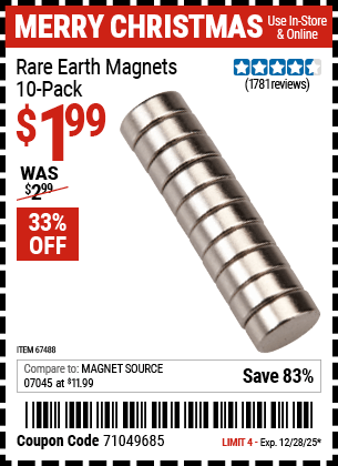 Harbor Freight Coupons, HF Coupons, 20% off - Rare Earth Magnets Pack Of 10