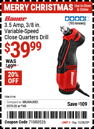 Harbor Freight Coupons, HF Coupons, 20% off - 3/8 In. Corded Close Quarters Drill