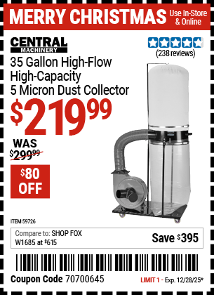 Harbor Freight Coupons, HF Coupons, 20% off - CENTRAL MACHINERY 35 Gallon, 2 HP High-Flow High-Capacity Dust Collector for $199.99