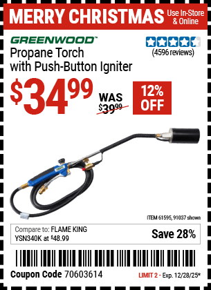 Harbor Freight Coupons, HF Coupons, 20% off - Propane Torch With Push Button Igniter