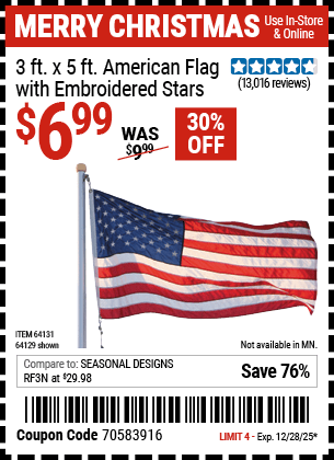 Harbor Freight Coupons, HF Coupons, 20% off - 3 Ft. X 5 Ft. American Flag With Embroidered Stars