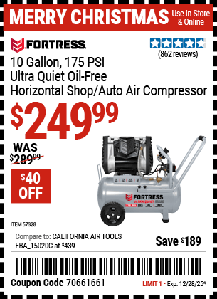 Harbor Freight Coupons, HF Coupons, 20% off - 10 Gallon 175 PSI Ultra Quiet Horizontal Shop/Auto Air Compressor
