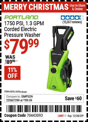 Harbor Freight Coupons, HF Coupons, 20% off - 1750 Psi Electric Pressure Washer