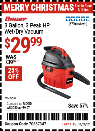 Harbor Freight Coupons, HF Coupons, 20% off - 3 Gallon Wet/dry Vacuum