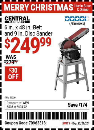 Harbor Freight Coupons, HF Coupons, 20% off - CENTRAL MACHINERY 6 in. x 48 in. Belt and 9 in. Disc Sander for $269.99