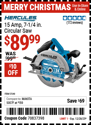 Harbor Freight Coupons, HF Coupons, 20% off - HERCULES 15 Amp 7-1/4 in. Heavy Duty Circular Saw for $89.99