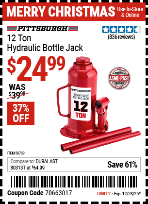 Harbor Freight Coupons, HF Coupons, 20% off - PITTSBURGH 12 Ton Hydraulic Bottle Jack for $29.99
