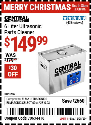 Harbor Freight Coupons, HF Coupons, 20% off - CENTRAL MACHINERY 6 Liter Ultrasonic Parts Cleaner 