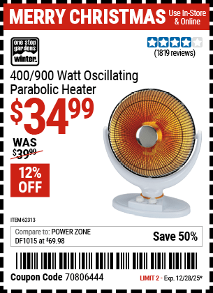 Harbor Freight Coupons, HF Coupons, 20% off - 400/900 Watt Oscillating Parabolic Heater
